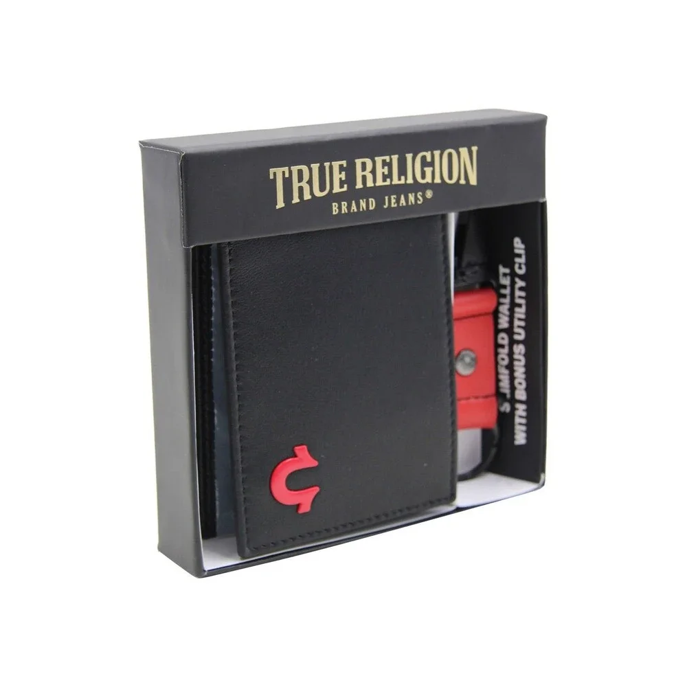 True Religion RFID Marcus Slim Bifold Wallet & Key Clasp Gift Set Limited NWT